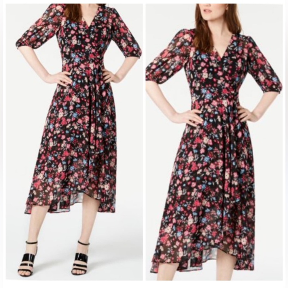 Calvin Klein Dress 10 Short Sleeve Floral Flowy Midi Career Church Washable NEW